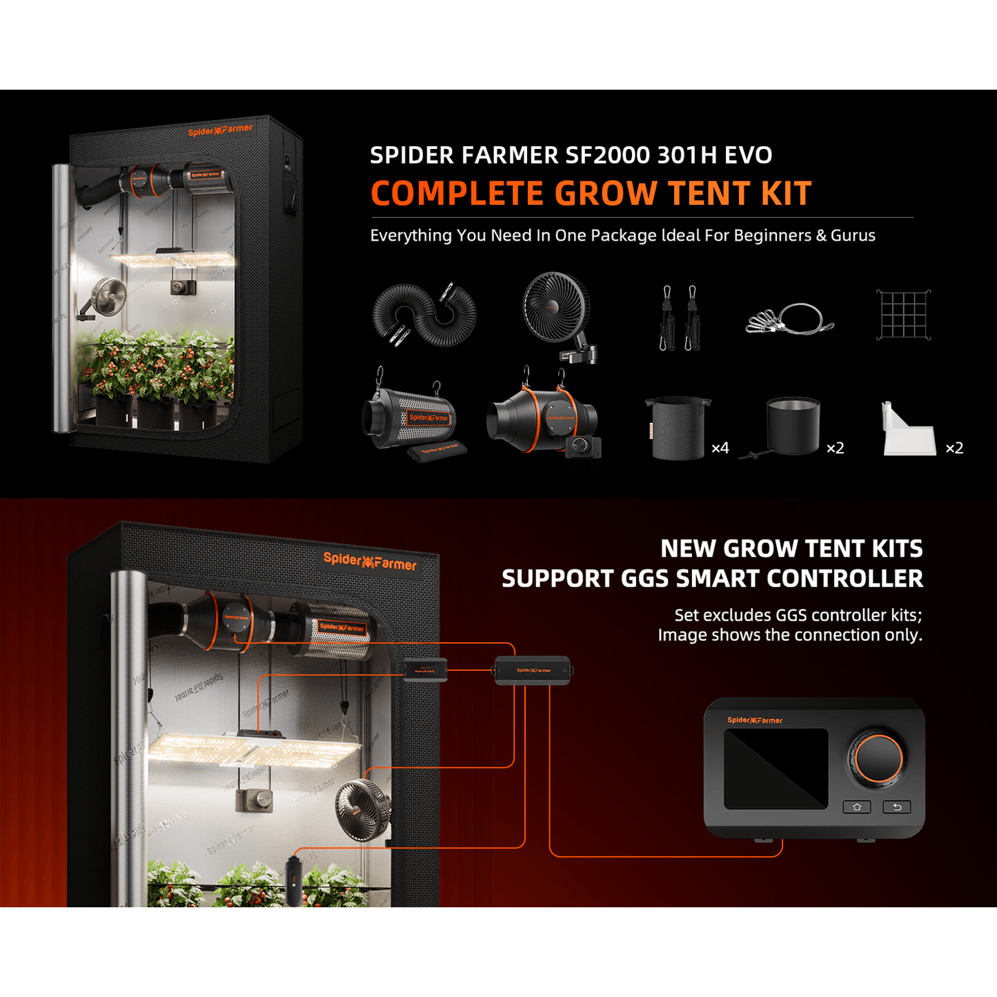 Spider Farmer SF2000 LED Grow Light + 2' x 4' Grow Tent + Inline Fan Combo with Speed Controller - Midwest Grow LLC