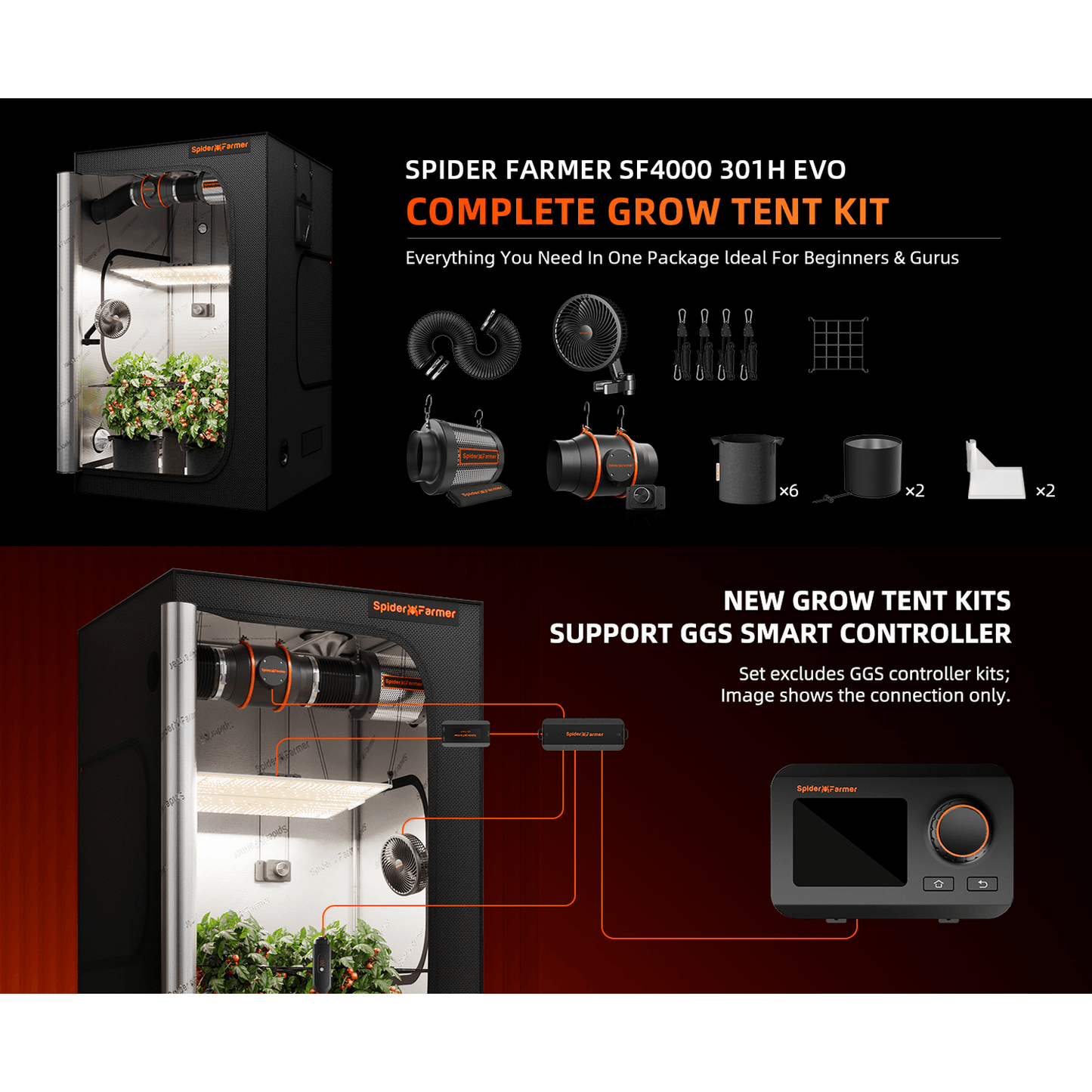 Spider Farmer SF4000 LED Grow Light + 4' x 4' Grow Tent + Inline Fan Combo with Speed Controller - Midwest Grow LLC