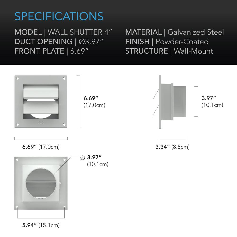 AC Infinity Wall Mount Duct Shutter, 4-Inch, White Steel - Midwest Grow LLC