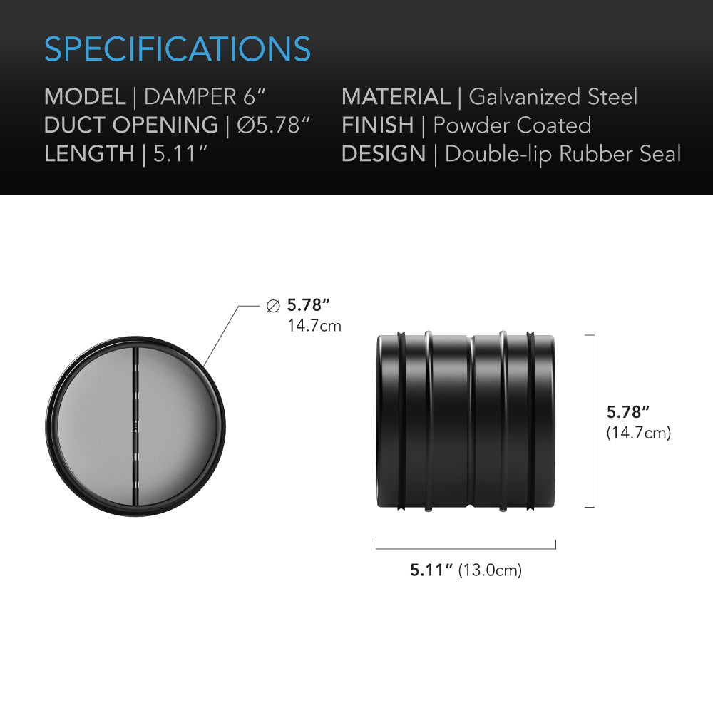 AC Infinity Backdraft Damper Ducting Insert, 6-Inch, Black Galvanized Steel - Midwest Grow LLC