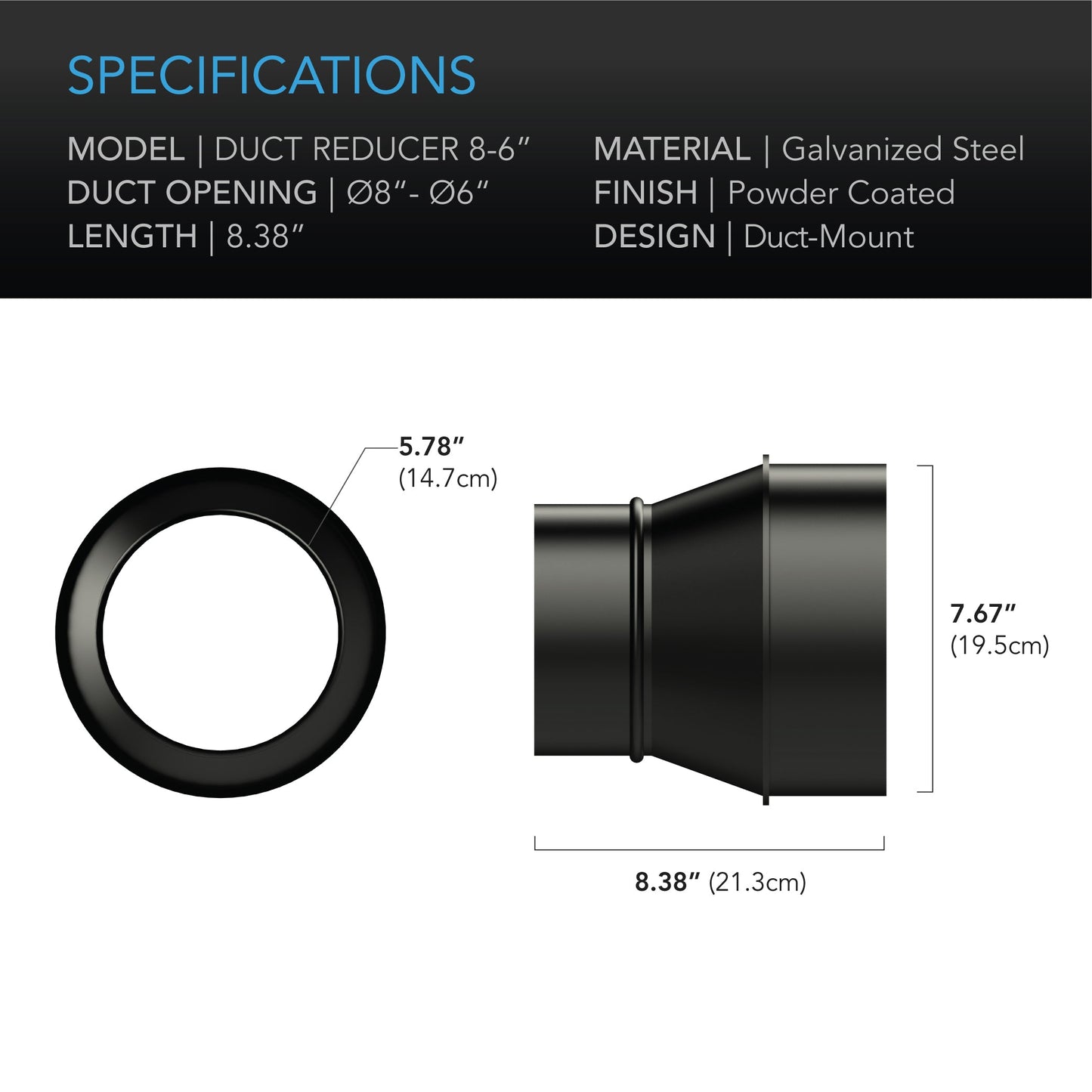 AC Infinity Duct Reducer, 8-Inch to 6-Inch Adapter Cone, Galvanized Steel - Midwest Grow LLC