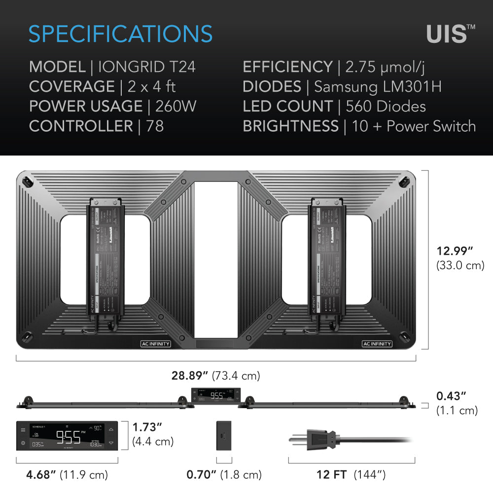 AC Infinity IONGRID T24, Full Spectrum LED Grow Light 260W, Samsung LM301H, 2x4 Ft. Coverage - Midwest Grow LLC