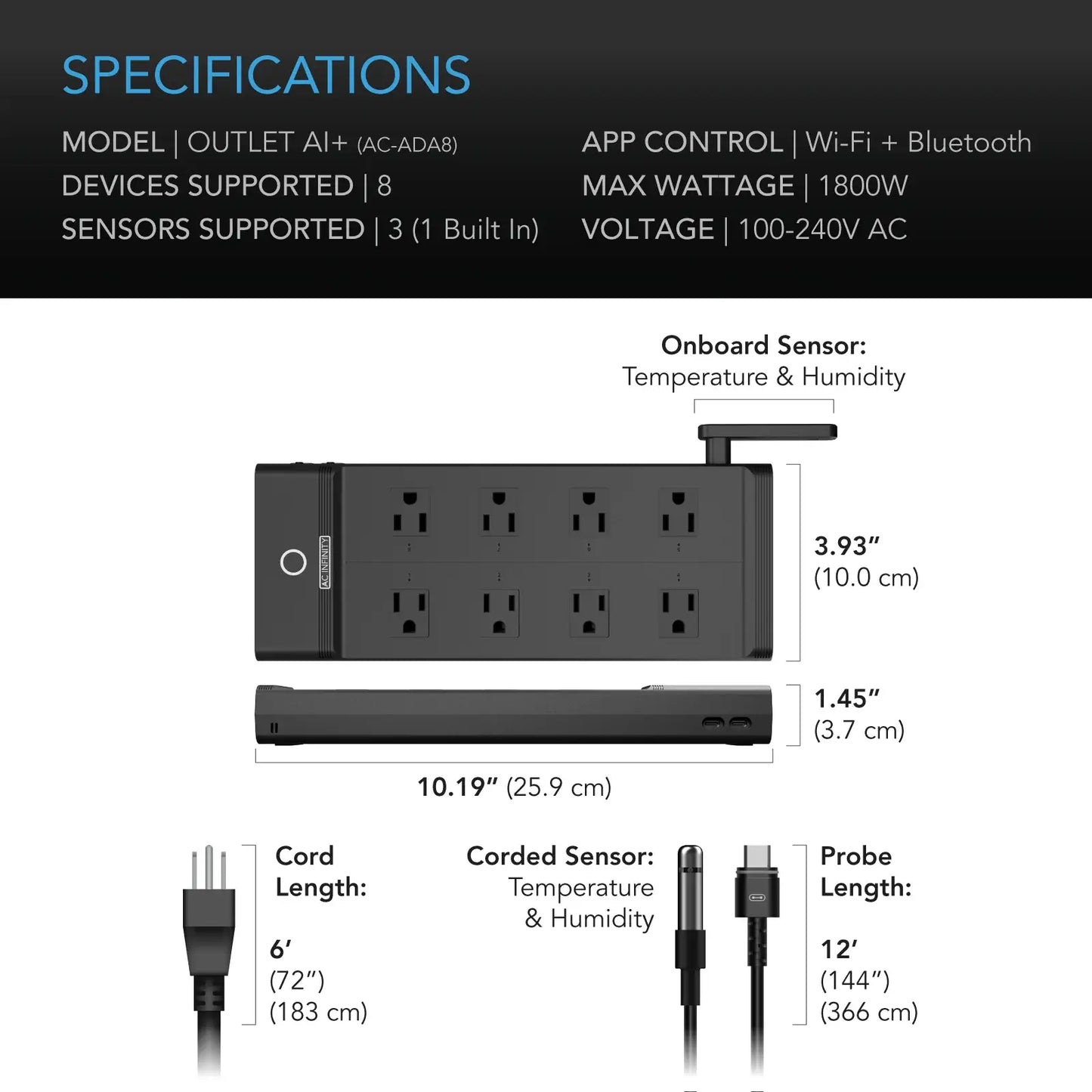 AC Infinity OUTLET AI+ Environment Controller, Smart WiFi Outlets, Dual-Zone Temperature Humidity, AI Targeting, Dynamic ON/OFF Programming, Expandable Sensors, Individual Control 8-Plugs, 1800W - Midwest Grow LLC