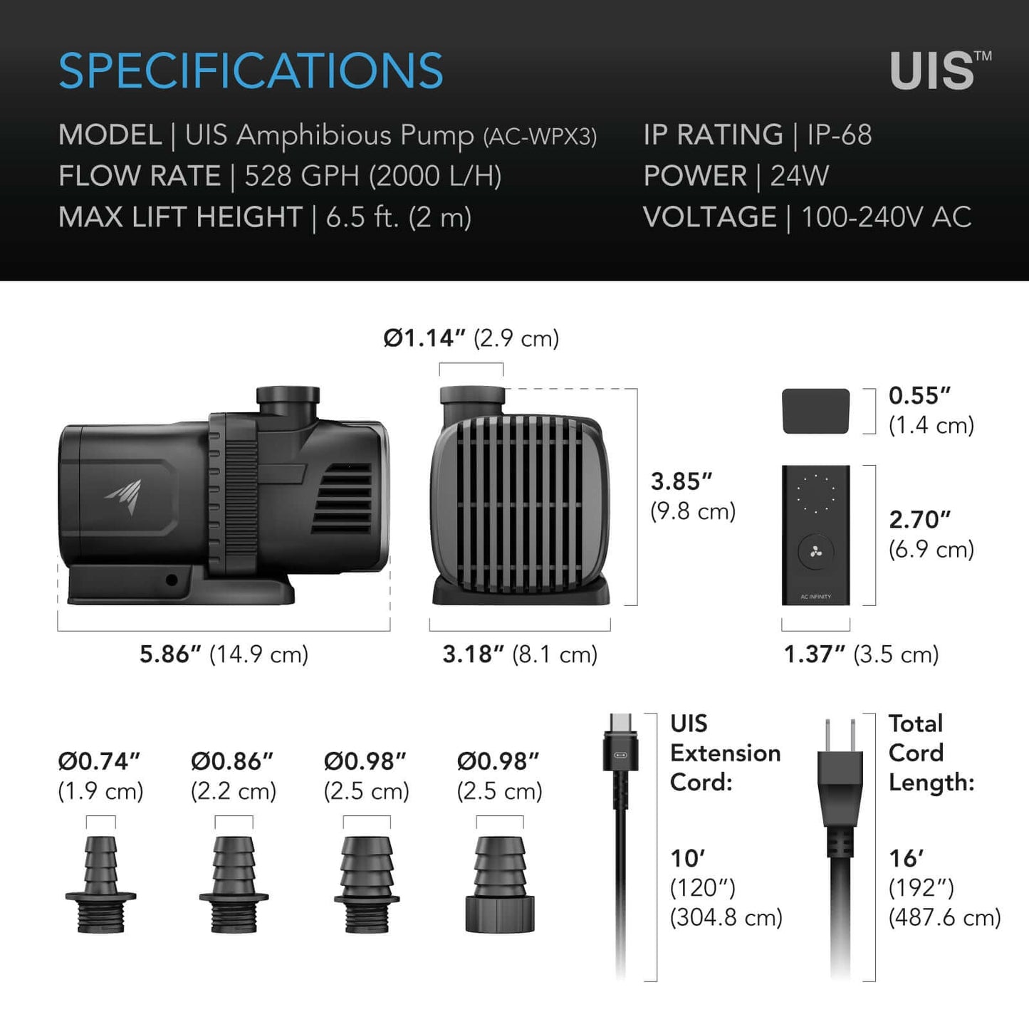AC Infinity UIS Amphibious Pump 24W, 10-Speed Precision DC Motor, 6-Feet Lift Height, 528 GPH (2000 L/H) for Submersible / Inline Use - Midwest Grow LLC