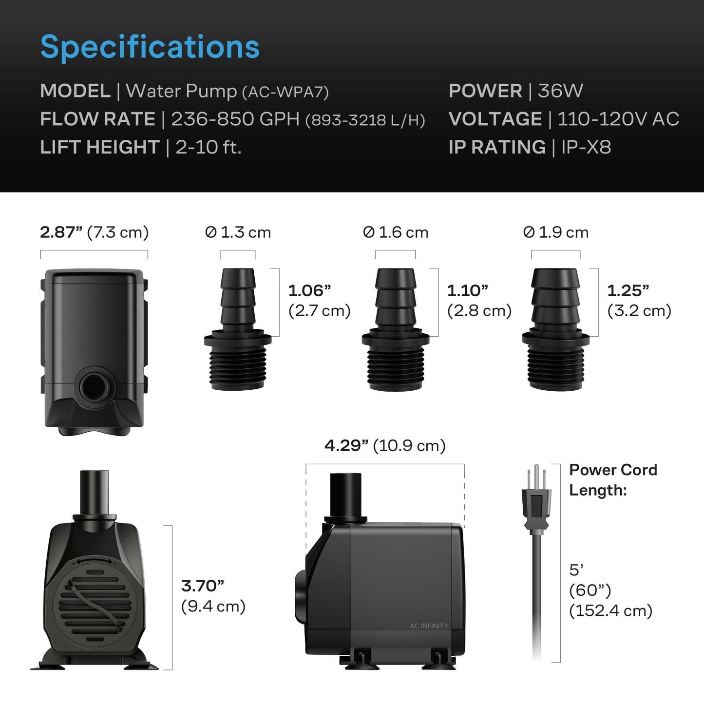 AC Infinity Submersible Water Pump, 10-Feet Lift Height, 792 GPH (3000 L/H) - Midwest Grow LLC
