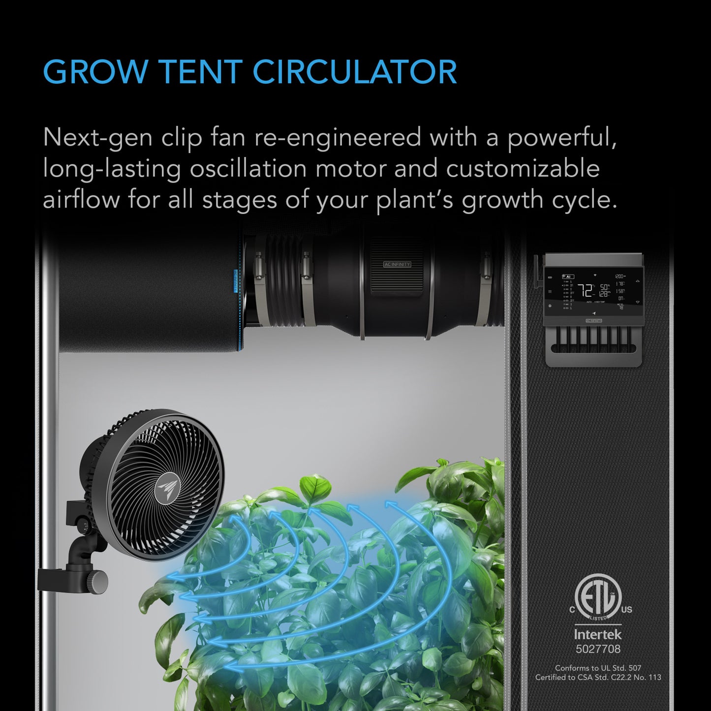 AC Infinity CLOUDRAY S9, Grow Tent Clip Fan 9” with Long-Life EC Motor, 10-Level Dynamic Wind Modes & Fan Speeds, 10-Level Auto Oscillation