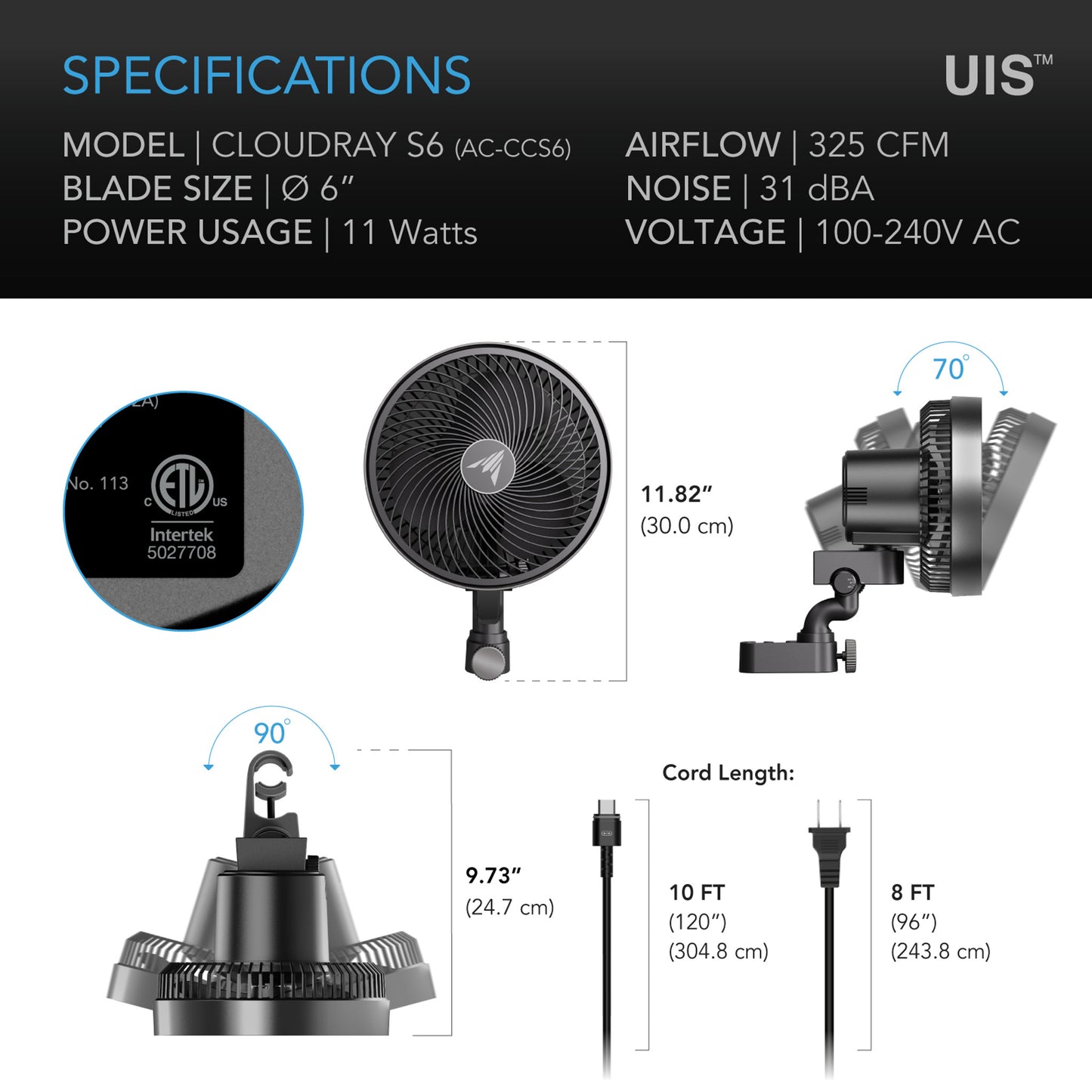 AC Infinity CLOUDRAY S6, Grow Tent Clip Fan 6” with Long-Life EC Motor, 10-Level Dynamic Wind Modes & Fan Speeds, 10-Level Auto Oscillation