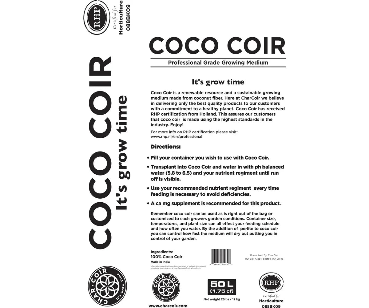 Char Coir 100% RHP Certified Coco Coir, 50 L - Midwest Grow LLC