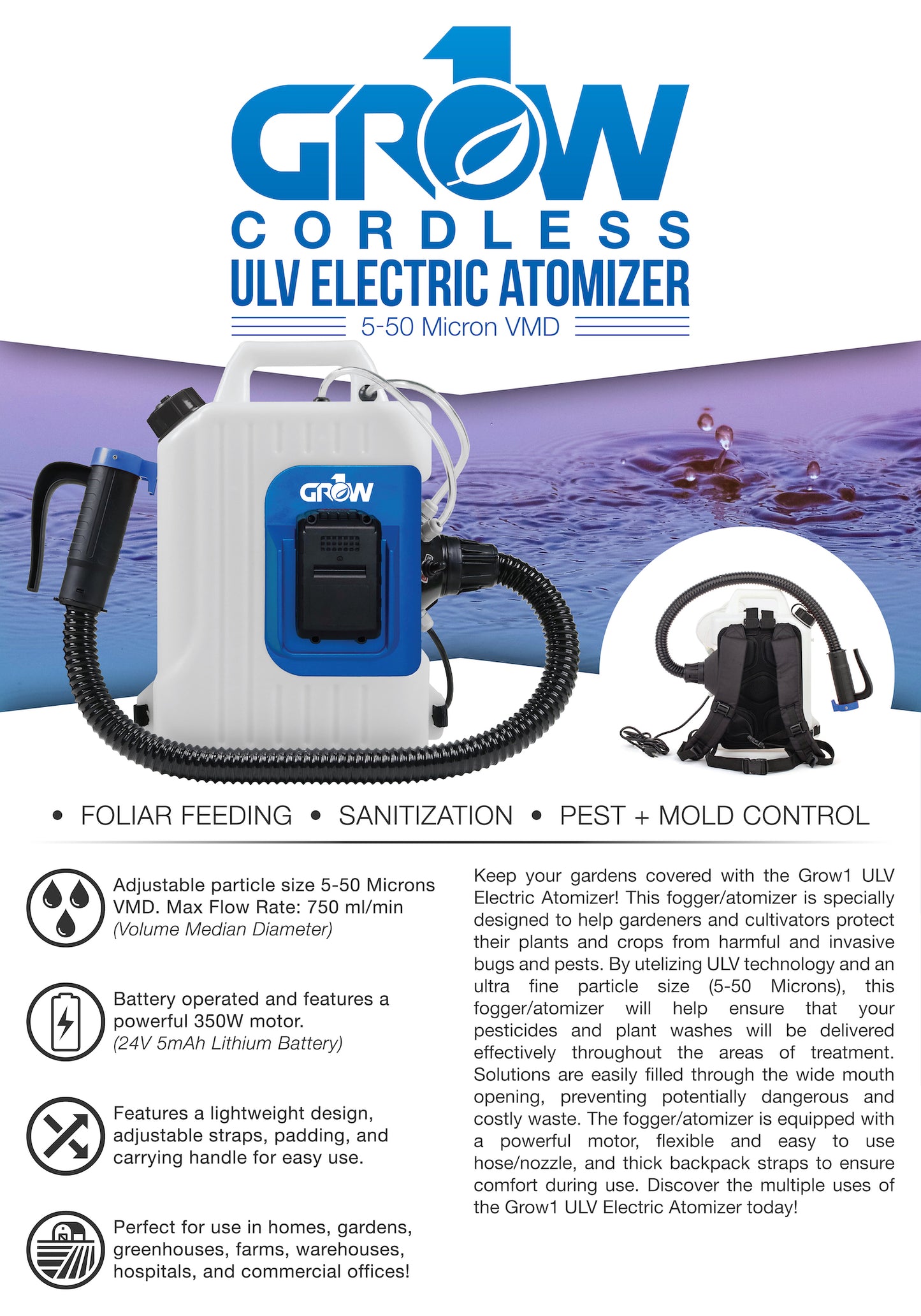 Grow1 24V Cordless Backpack Fogger ULV Atomizer 2.5 Gallon