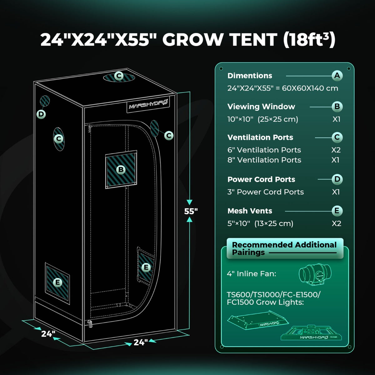 Mars Hydro 2' x 2' x 4' 8" (60cm x 60cm x 140cm) Indoor Grow Tent - Midwest Grow LLC