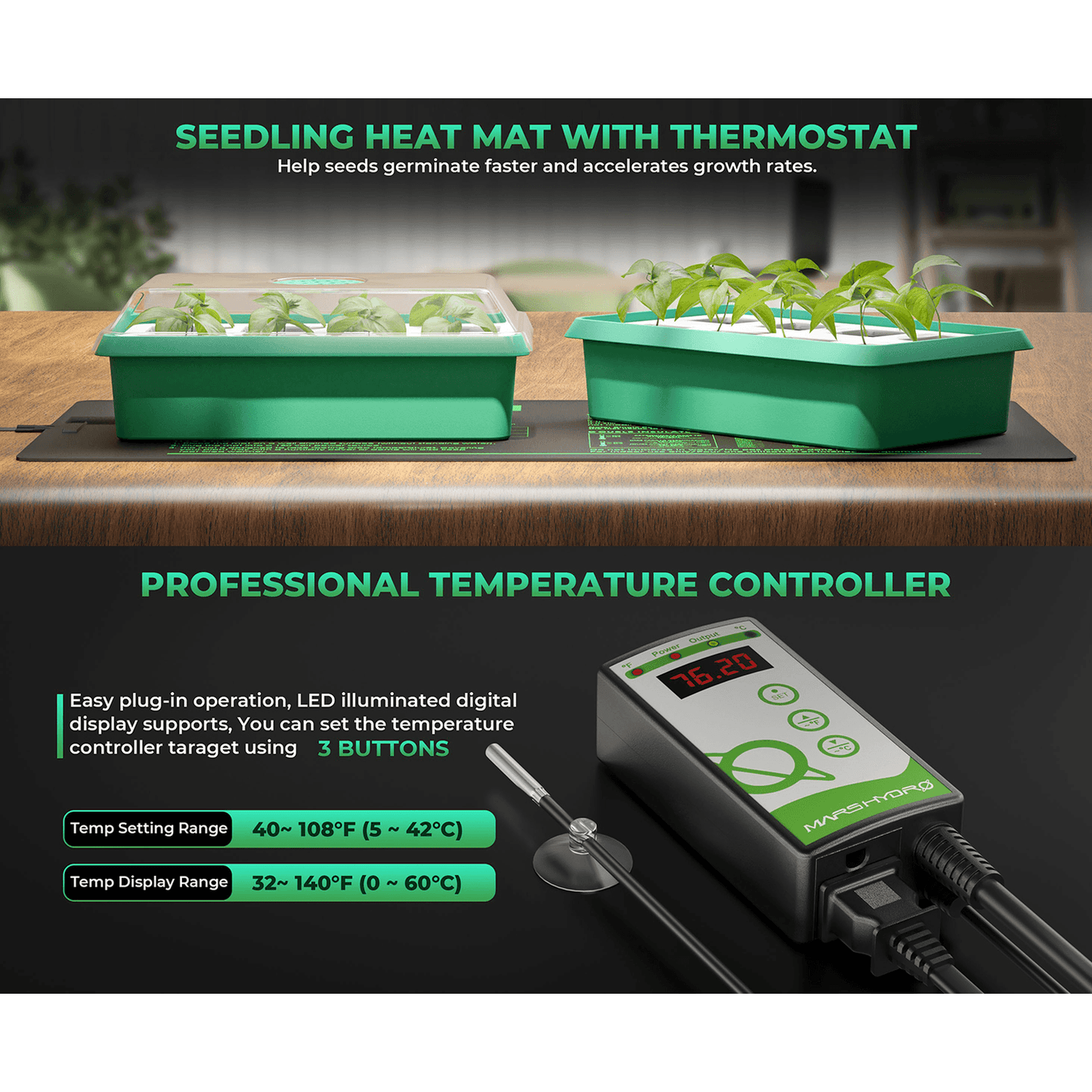 Mars Hydro 10'' x 20.75'' Seedling Heat Mat and Digital Thermostat Combo - Midwest Grow LLC