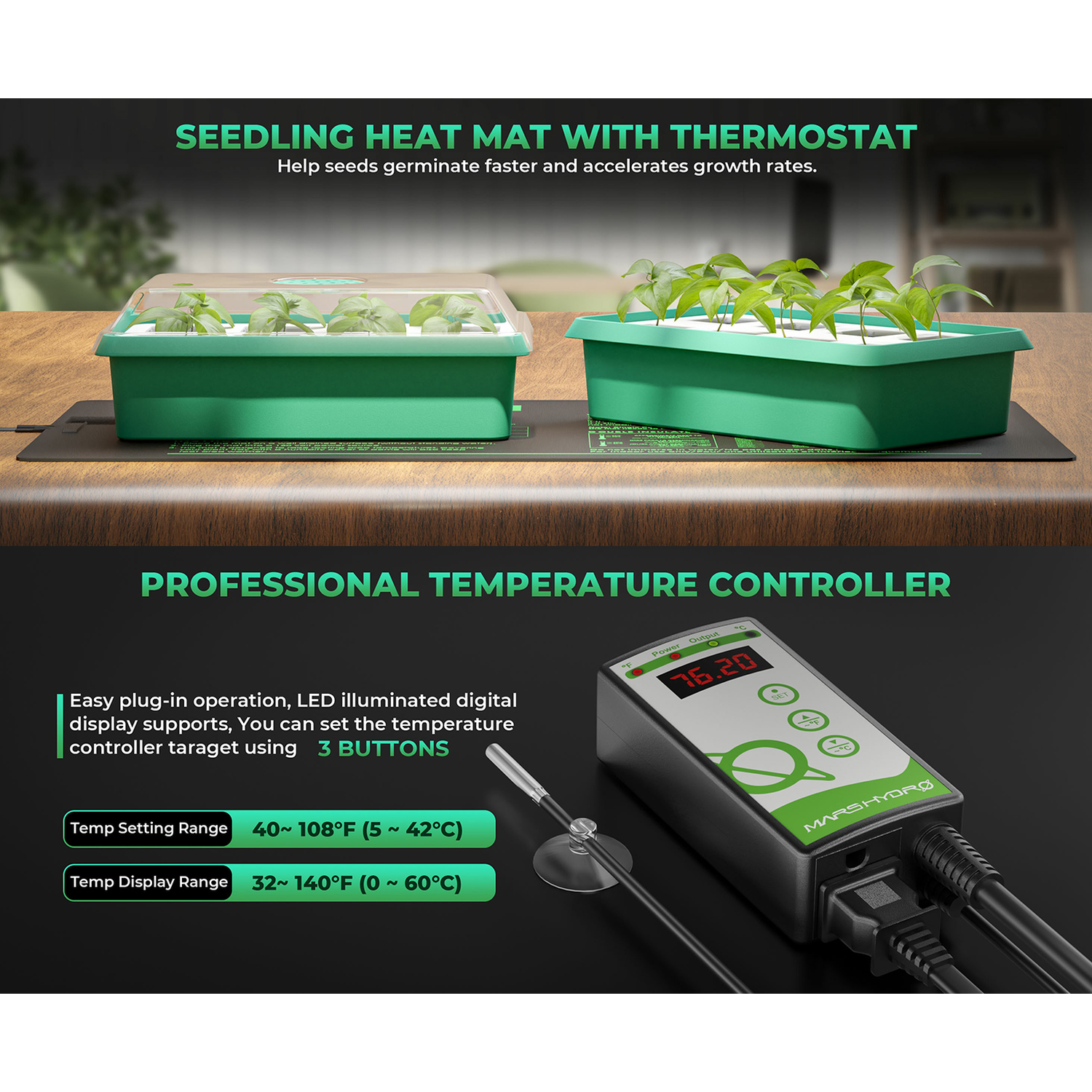 Mars Hydro 48" x 20.75" Seedling Heat Mat and Digital Thermostat Combo - Midwest Grow LLC