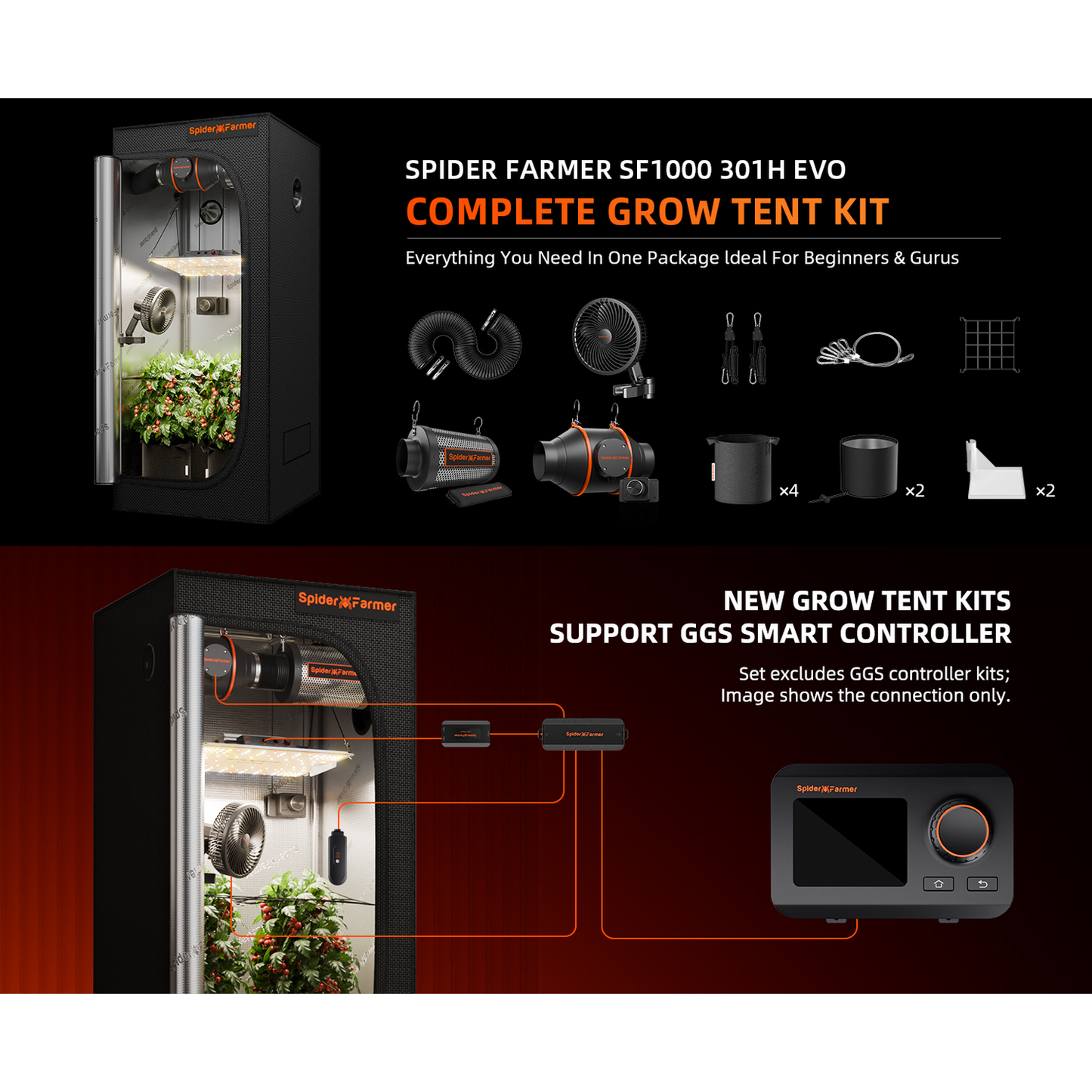 Spider Farmer SF1000 LED Grow Light + 2' x 2' Grow Tent + Inline Fan Combo with Speed Controller - Midwest Grow LLC