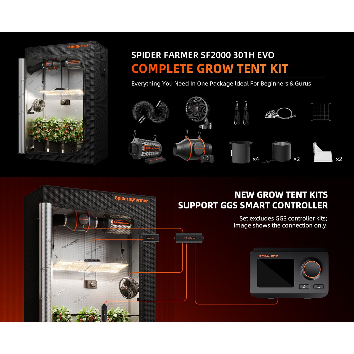 Spider Farmer SF2000 LED Grow Light + 2' x 4' Grow Tent + Inline Fan Combo with Speed Controller - Midwest Grow LLC