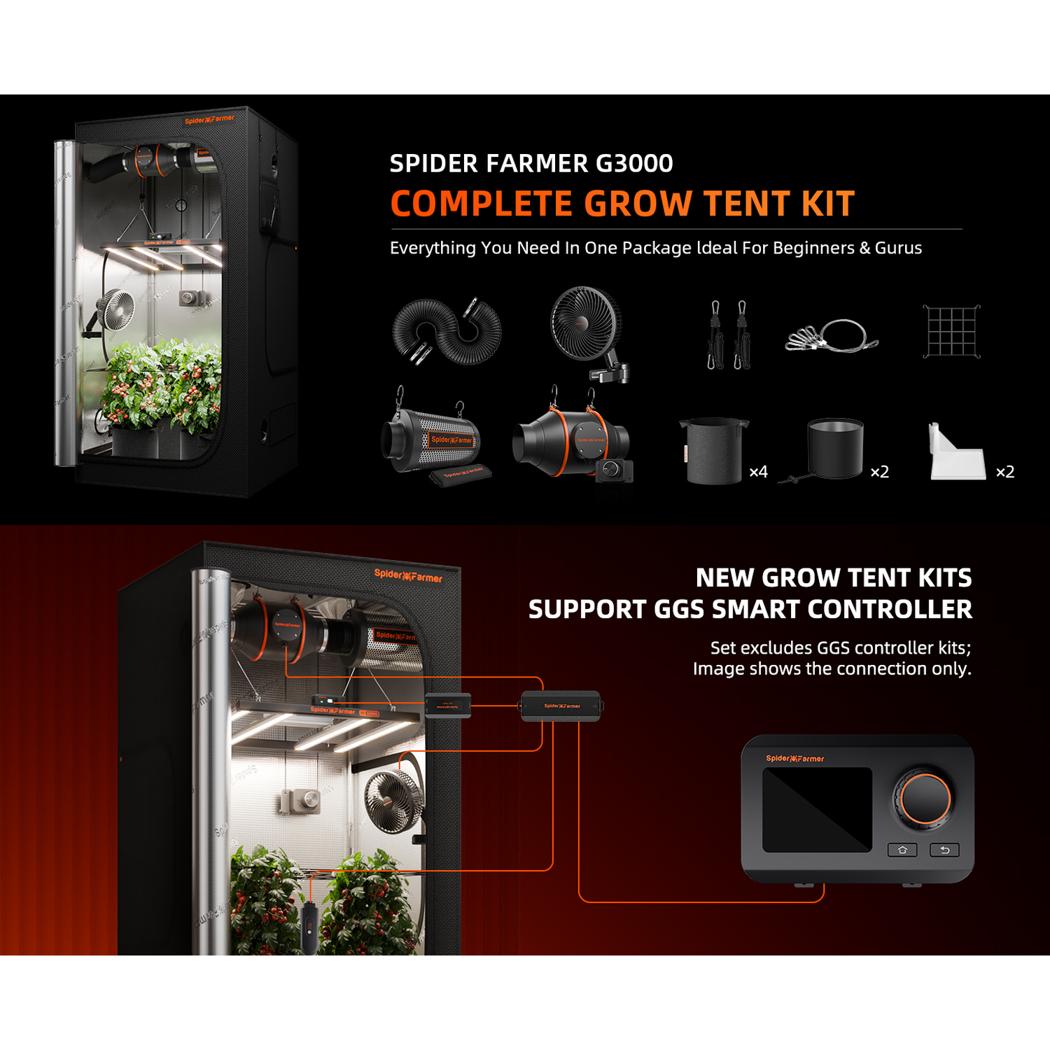 Spider Farmer G3000 LED Grow Light + 3' x 3' Grow Tent + Inline Fan Combo with Speed Controller - Midwest Grow LLC
