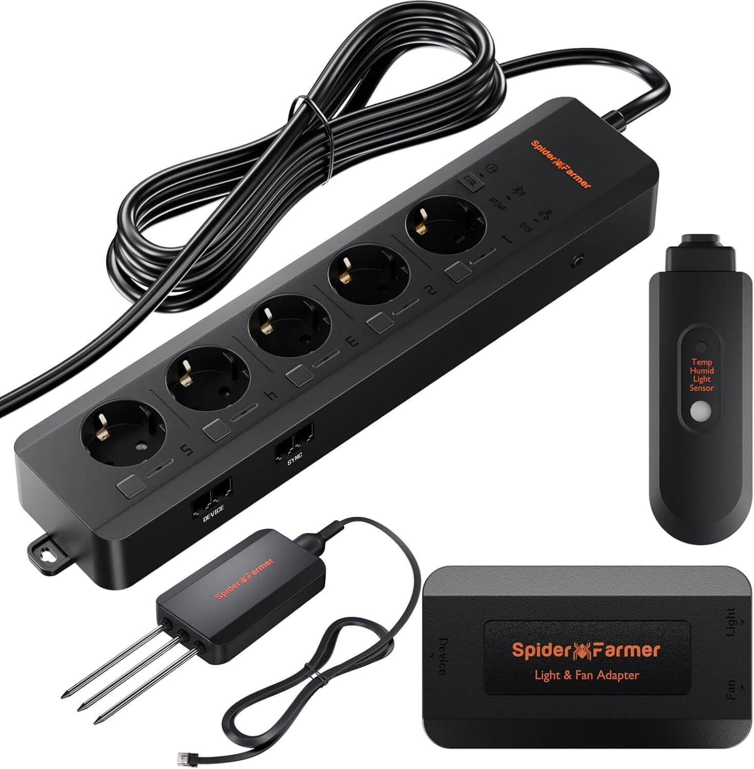 Spider Farmer GGS AC5 Power Strip 5 Outlets Kit, with 3 in 1 Soil Sensor, Temp/Humid Light Sensor and Adapter - Midwest Grow LLC