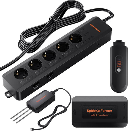 Spider Farmer GGS AC5 Power Strip 5 Outlets Kit, with 3 in 1 Soil Sensor, Temp/Humid Light Sensor and Adapter - Midwest Grow LLC