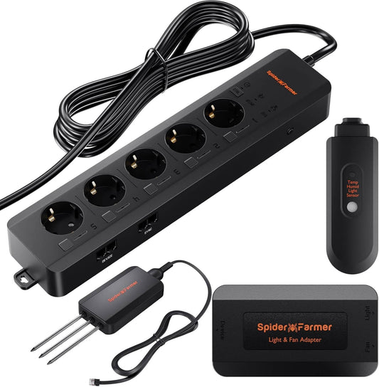 Spider Farmer GGS AC5 Power Strip 5 Outlets Kit, with 3 in 1 Soil Sensor, Temp/Humid Light Sensor and Adapter - Midwest Grow LLC