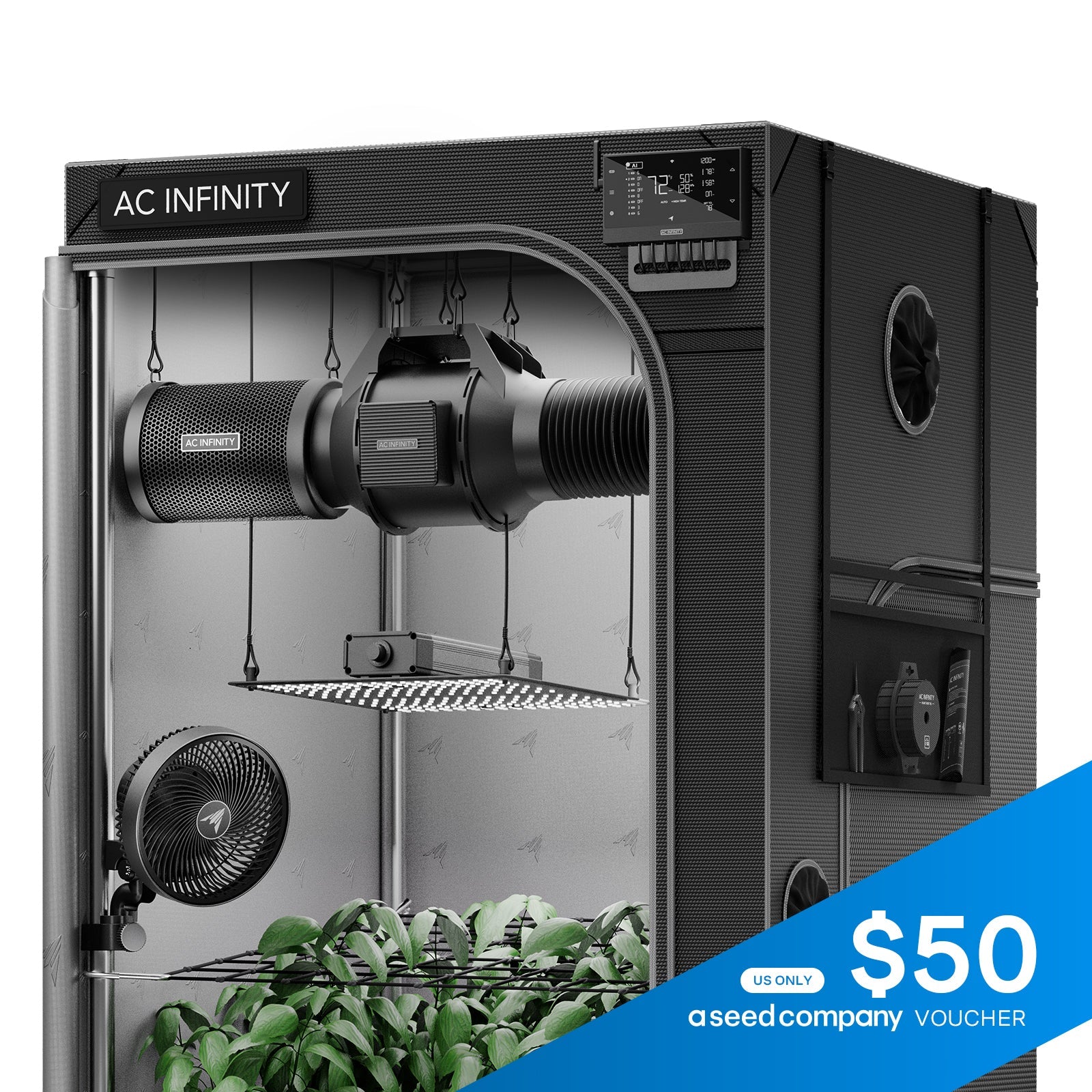 AC Infinity Advance Grow Tent System 3x3, 3-Plant Kit, Integrated Smart Controls to Automate Ventilation, Circulation, Full Spectrum LED Grow Light - Midwest Grow LLC
