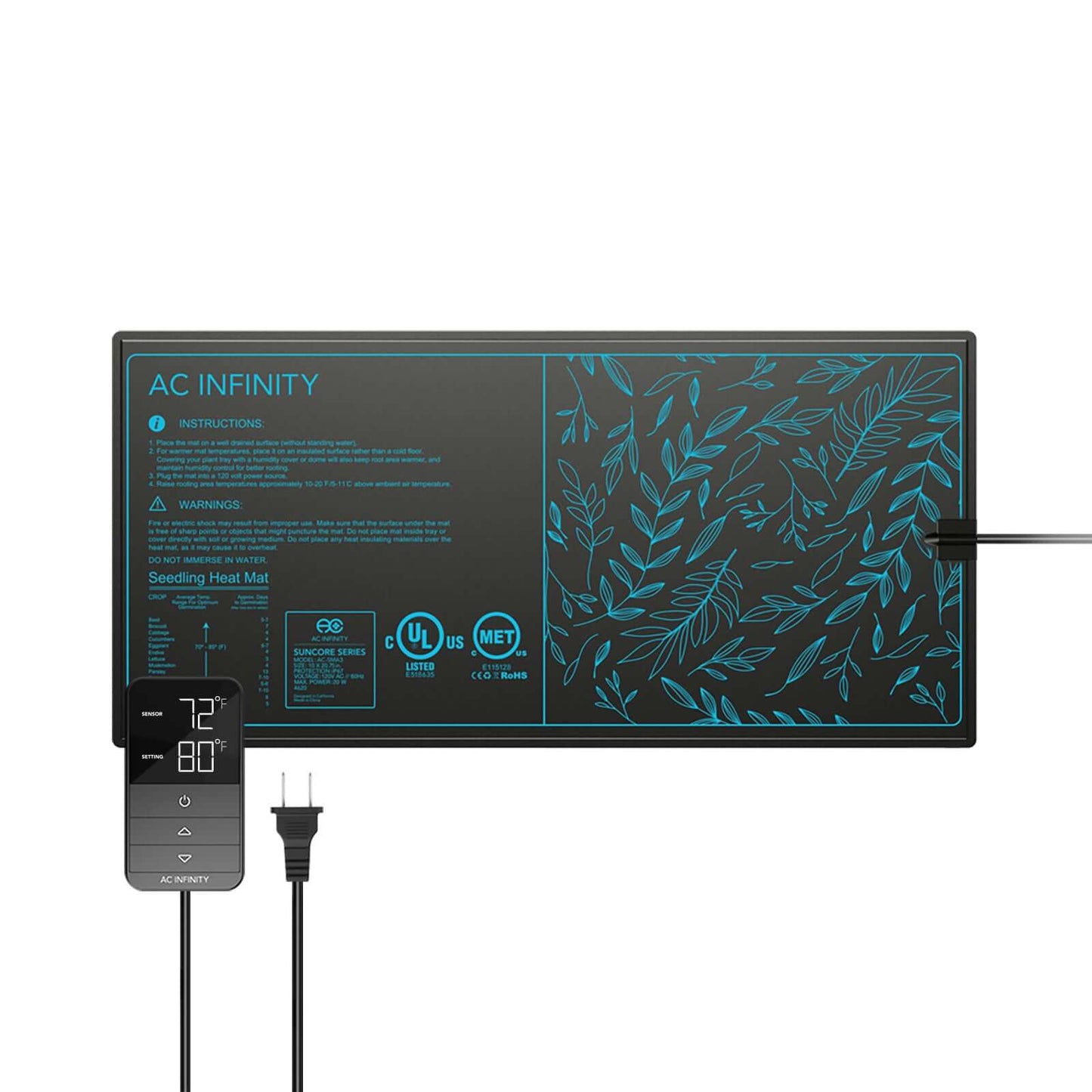 AC Infinity SUNCORE H3, Seedling Heat Mat with Heat Controller, IP-67 Waterproof, 10" x 20.75" - Midwest Grow LLC