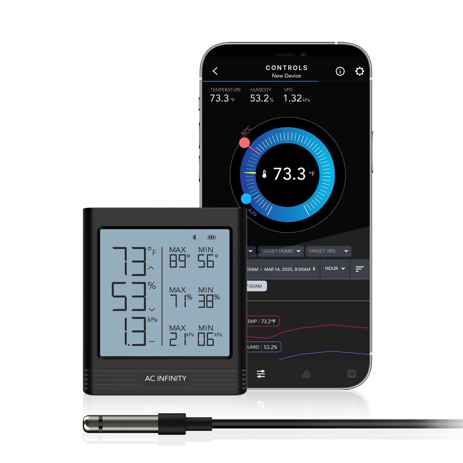 AC Infinity CLOUDCOM B1, Smart Thermo-Hygrometer with Data App, 12 ft. Sensor Probe - Midwest Grow LLC