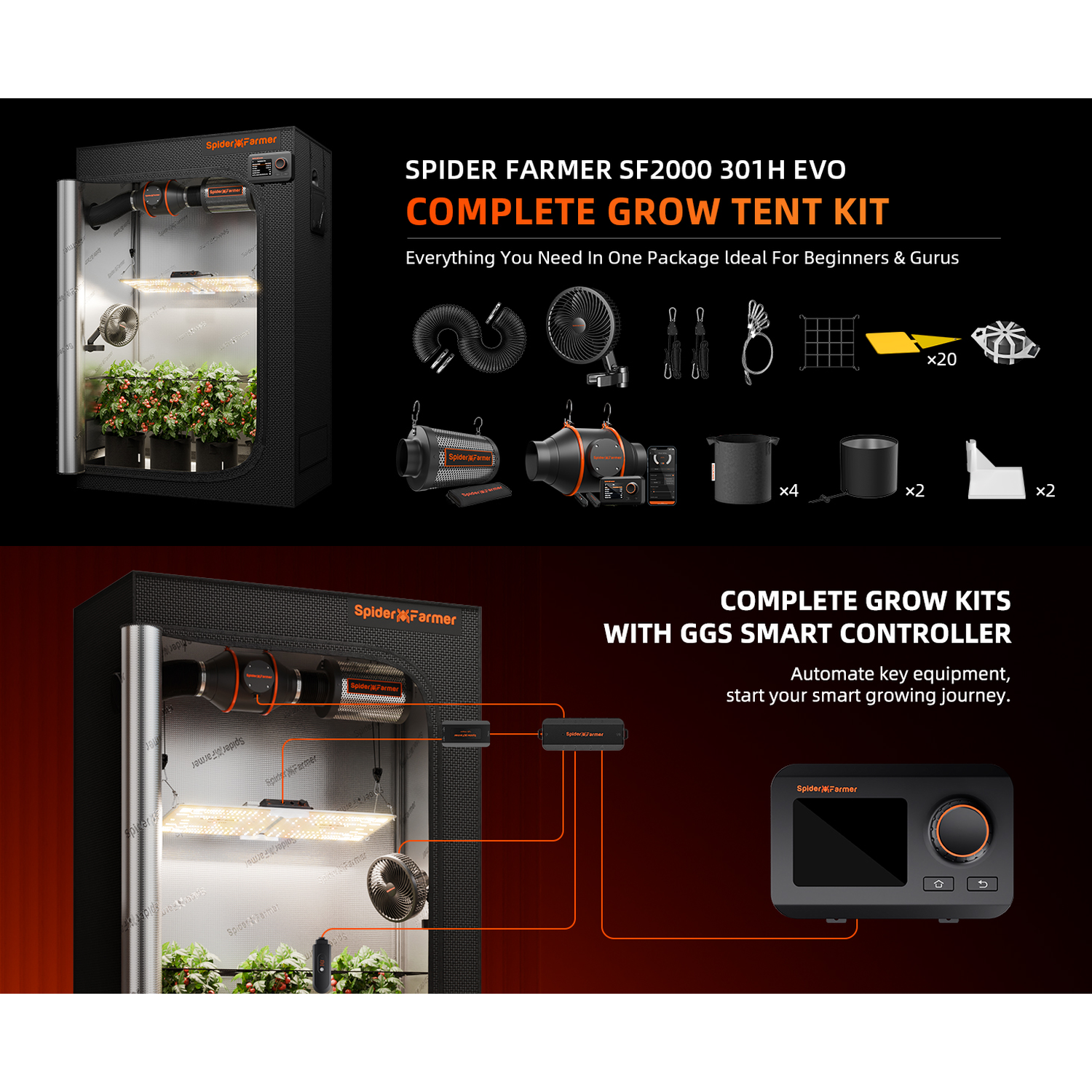 Spider Farmer SF2000 LED Grow Light + 2' x 4' Grow Tent + Inline Fan Combo with Temperature and Humidity Controller - Midwest Grow LLC