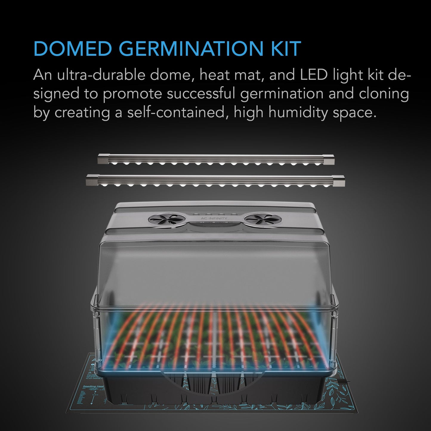 AC Infinity Humidity Dome, Germination Kit with Seedling Mat and LED Grow Light Bars, 5x8 Cell Tray - Midwest Grow LLC