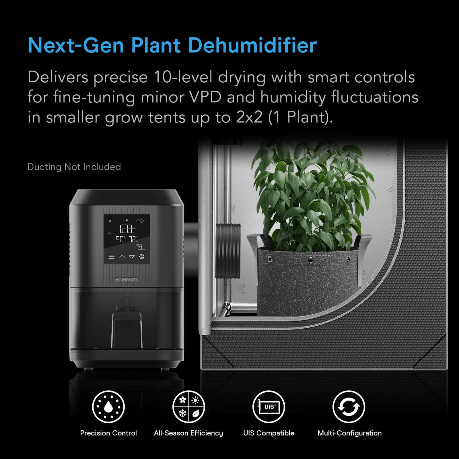 AC Infinity HYDRONE 3, Plant Dehumidifier with VPD Humidity Controls, 10-Level Precision Environmental Stabilizer, High-Precision PWM Motor, Intake Fan Mode, Dual Duct, up to 2x2 Grow Tents - Midwest Grow LLC