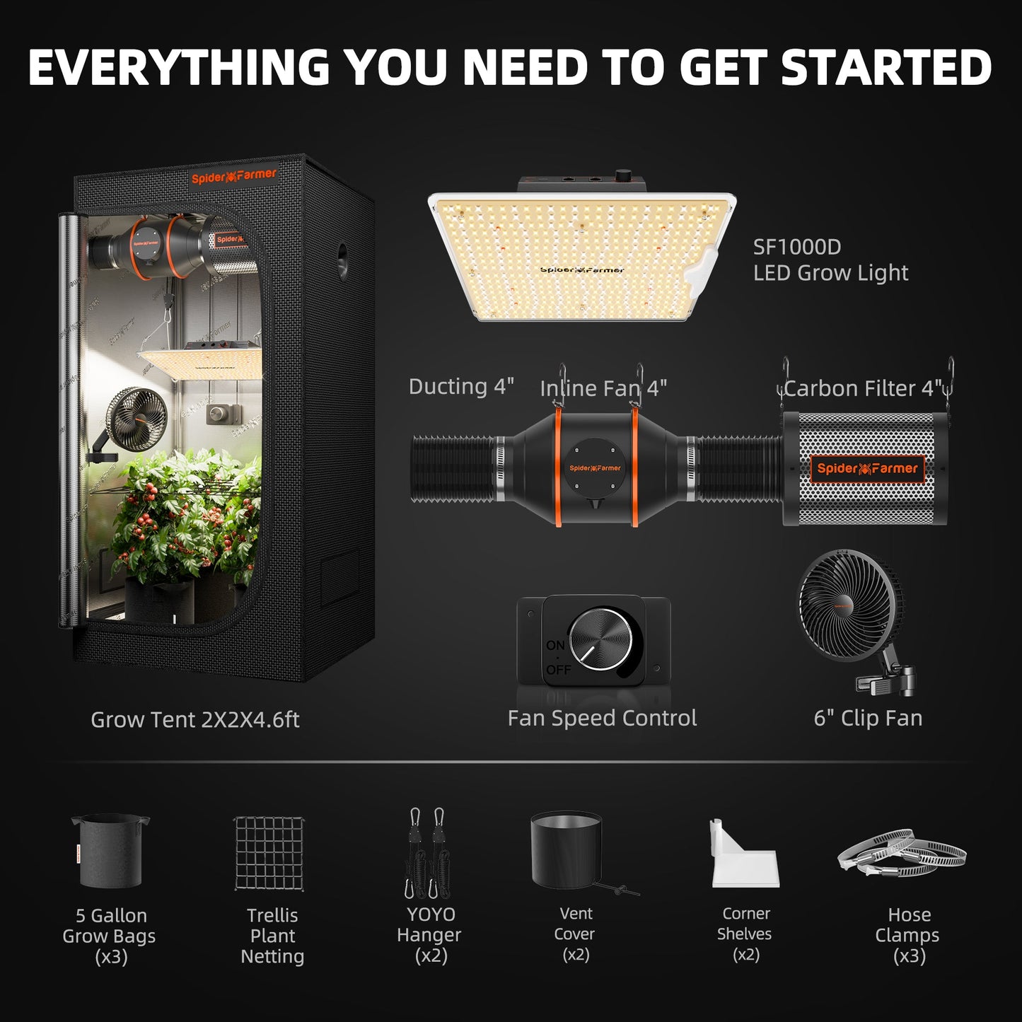Spider Farmer SF1000D LED Grow Light + 2' x 2' Grow Tent + Inline Fan Combo with Speed Controller - Midwest Grow LLC