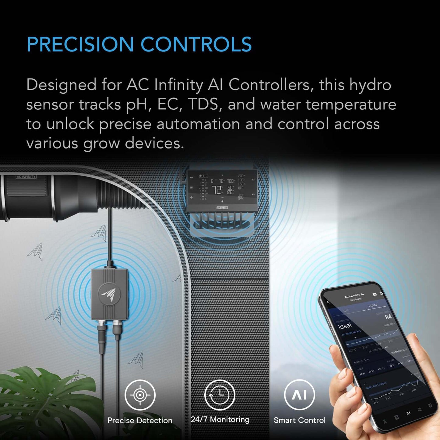 AC Infinity Hydro Sensor for Controller AI+, Precise pH, EC, TDS and Water Temp Data Tracking, Enables Equipment Control Programming - Midwest Grow LLC