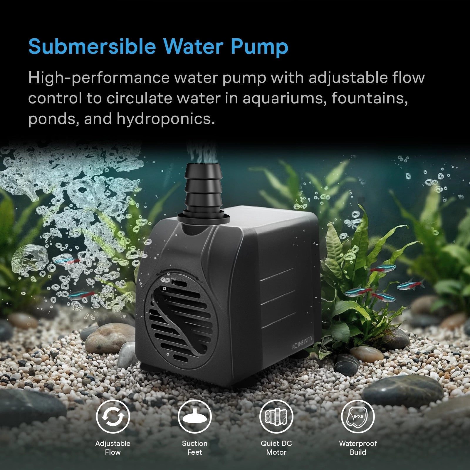 AC Infinity Submersible Water Pump, 5-Feet Lift Height, 211 GPH (800 L/H) - Midwest Grow LLC