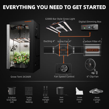 Spider Farmer G3000 LED Grow Light + 3' x 3' Grow Tent + Inline Fan Combo with Speed Controller - Midwest Grow LLC