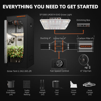 Spider Farmer SF1000 LED Grow Light + 2' x 2' Grow Tent + Inline Fan Combo with Speed Controller - Midwest Grow LLC
