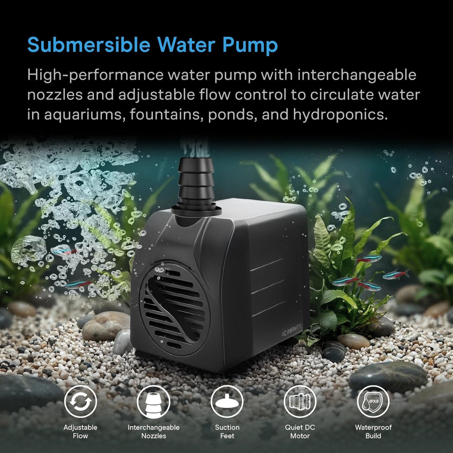 AC Infinity Submersible Water Pump, 5-Feet Lift Height, 396 GPH (1500 L/H) - Midwest Grow LLC