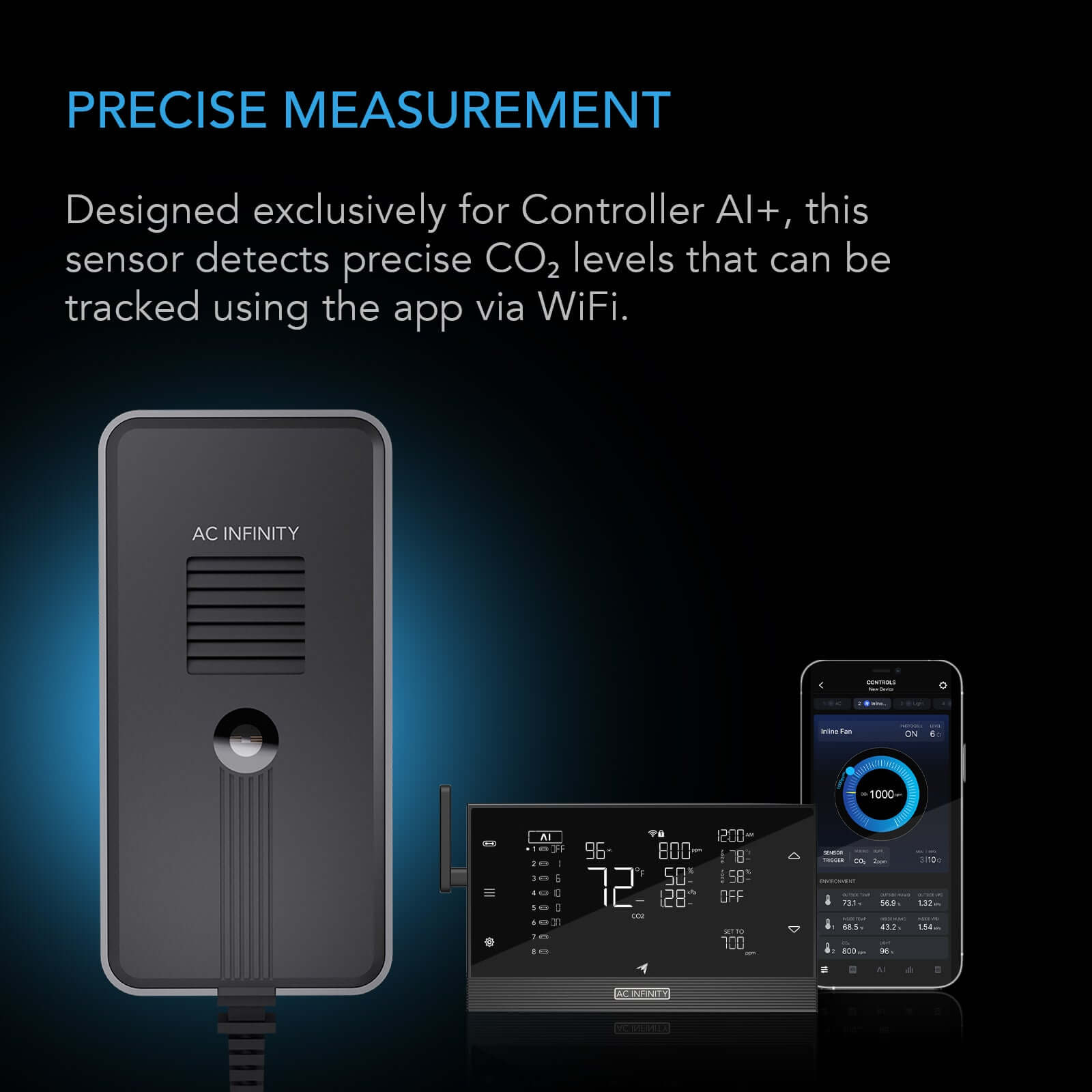 AC Infinity CO2 + Light Sensor for Controller AI+, CO2 Data Tracking, Optimized FAE, Day & Night Scheduling, Enables Equipment Control Programming - Midwest Grow LLC
