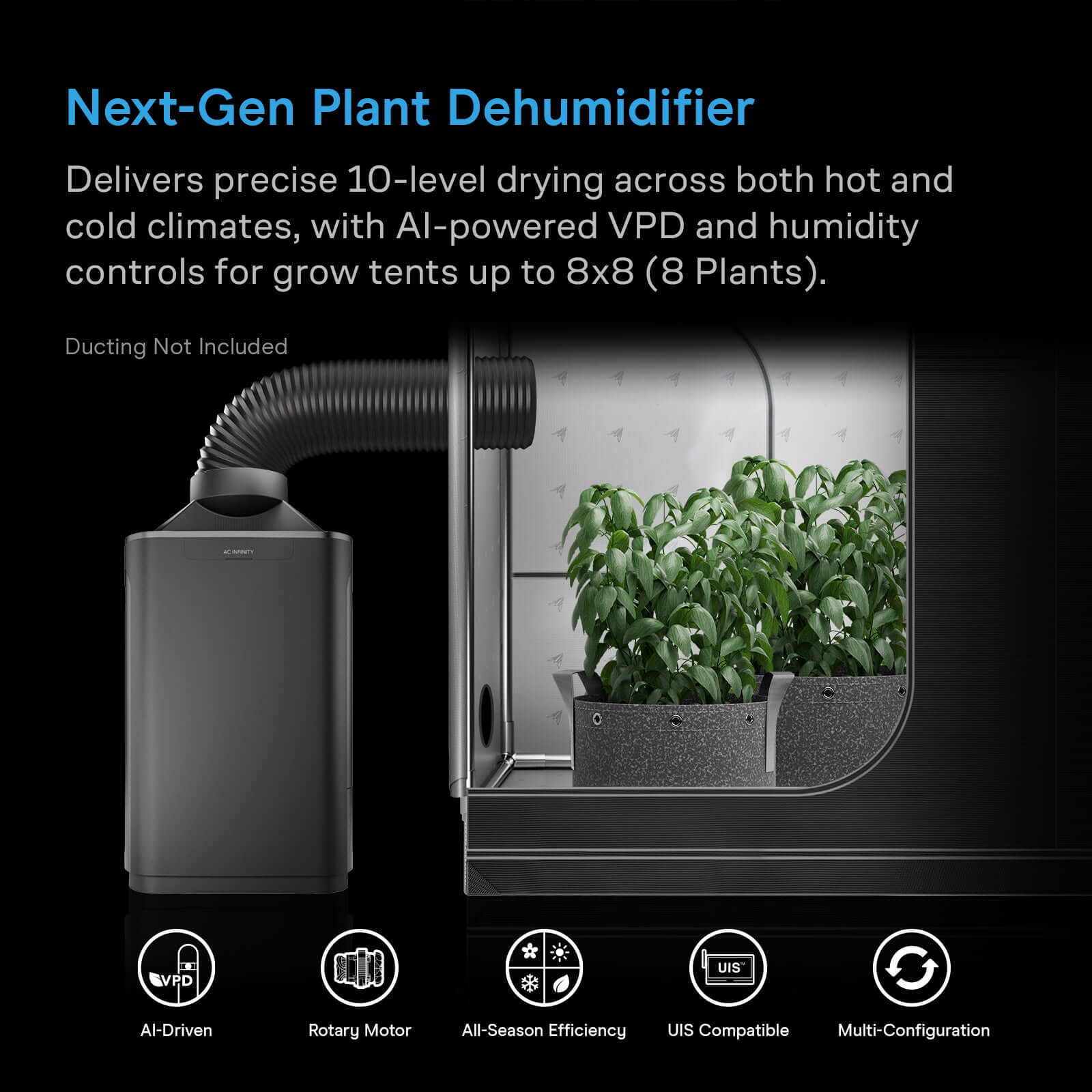 AC Infinity HYDRONE 7, Plant Dehumidifier with VPD Humidity Controls, 10 Drying Levels, AI Dynamic Programming, High-Precision PWM Motor, Intake Fan Mode, Dual Duct, up to 10x10 or Larger Grow Tents - Midwest Grow LLC