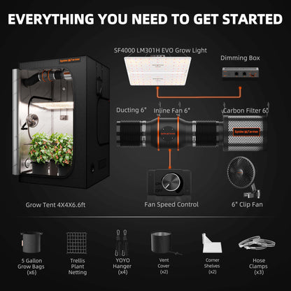 Spider Farmer SF4000 LED Grow Light + 4' x 4' Grow Tent + Inline Fan Combo with Speed Controller - Midwest Grow LLC