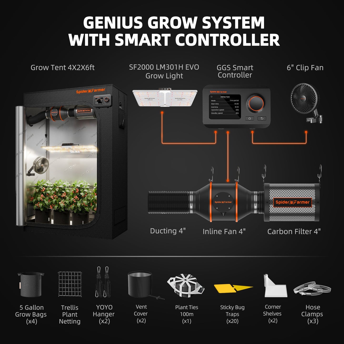 Spider Farmer SF2000 LED Grow Light + 2' x 4' Grow Tent + Inline Fan Combo with Temperature and Humidity Controller - Midwest Grow LLC