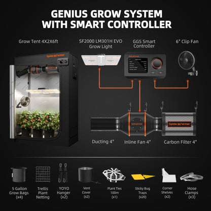 Spider Farmer SF2000 LED Grow Light + 2' x 4' Grow Tent + Inline Fan Combo with Temperature and Humidity Controller - Midwest Grow LLC