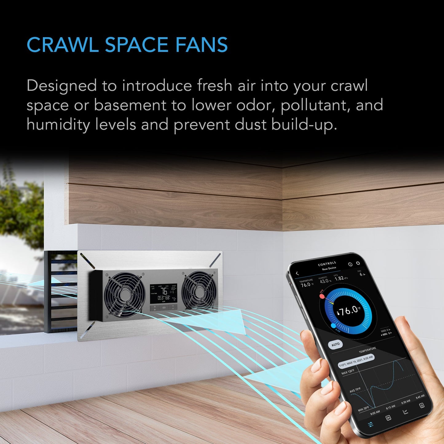 AC Infinity AIRTITAN T8-N, Crawlspace and Basement Ventilator Fan, Temperature and Humidity Controller, IP-44 Rated, Intake