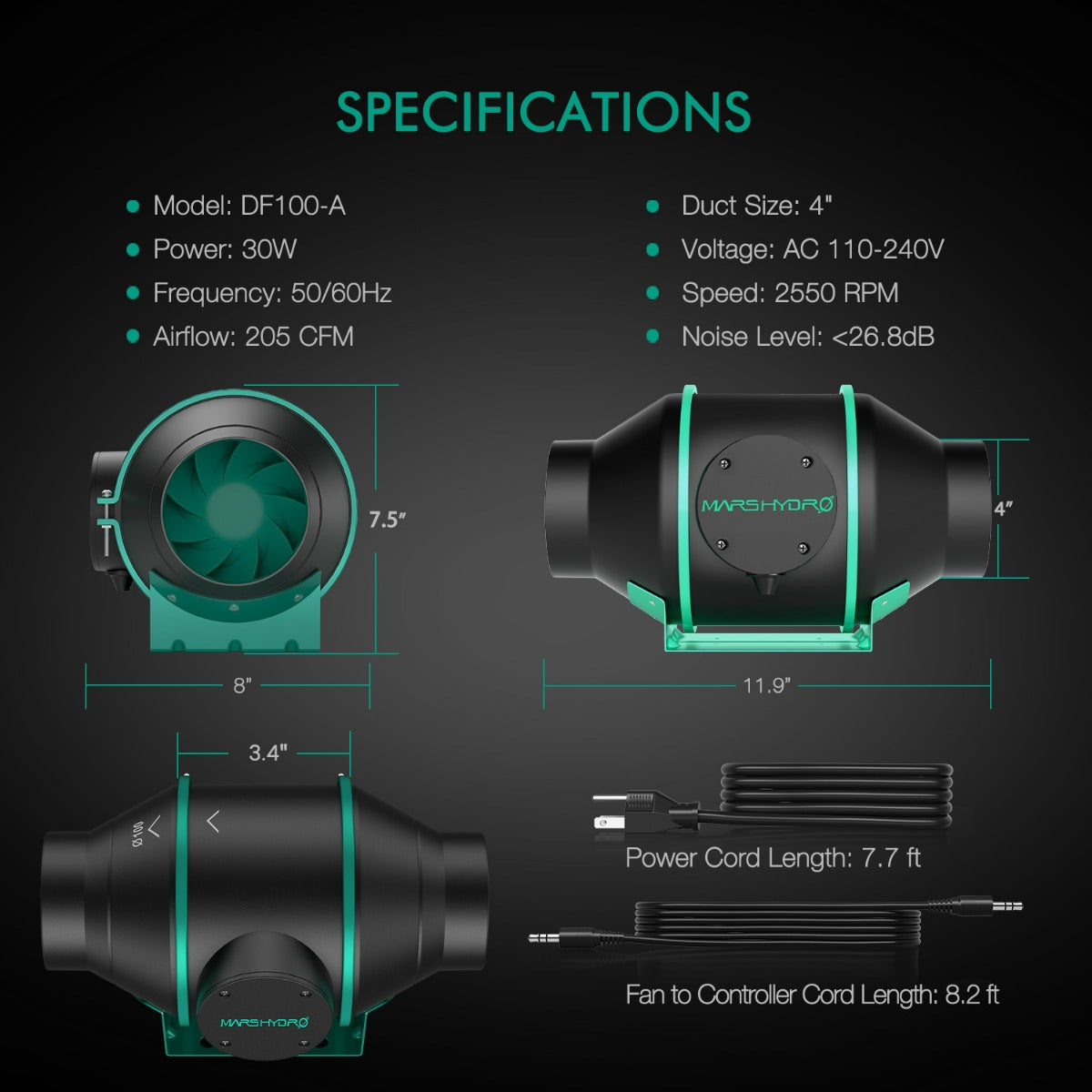 Mars Hydro 4" Inline Duct Fan with Temperature and Humidity Controller - Midwest Grow LLC