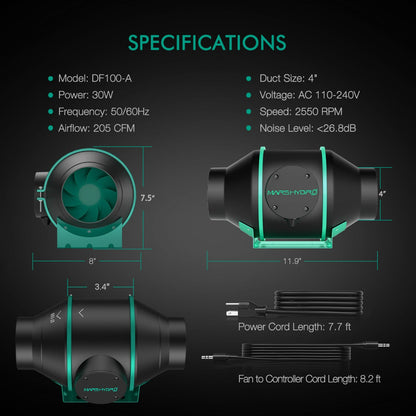 Mars Hydro 4" Inline Duct Fan with Temperature and Humidity Controller - Midwest Grow LLC