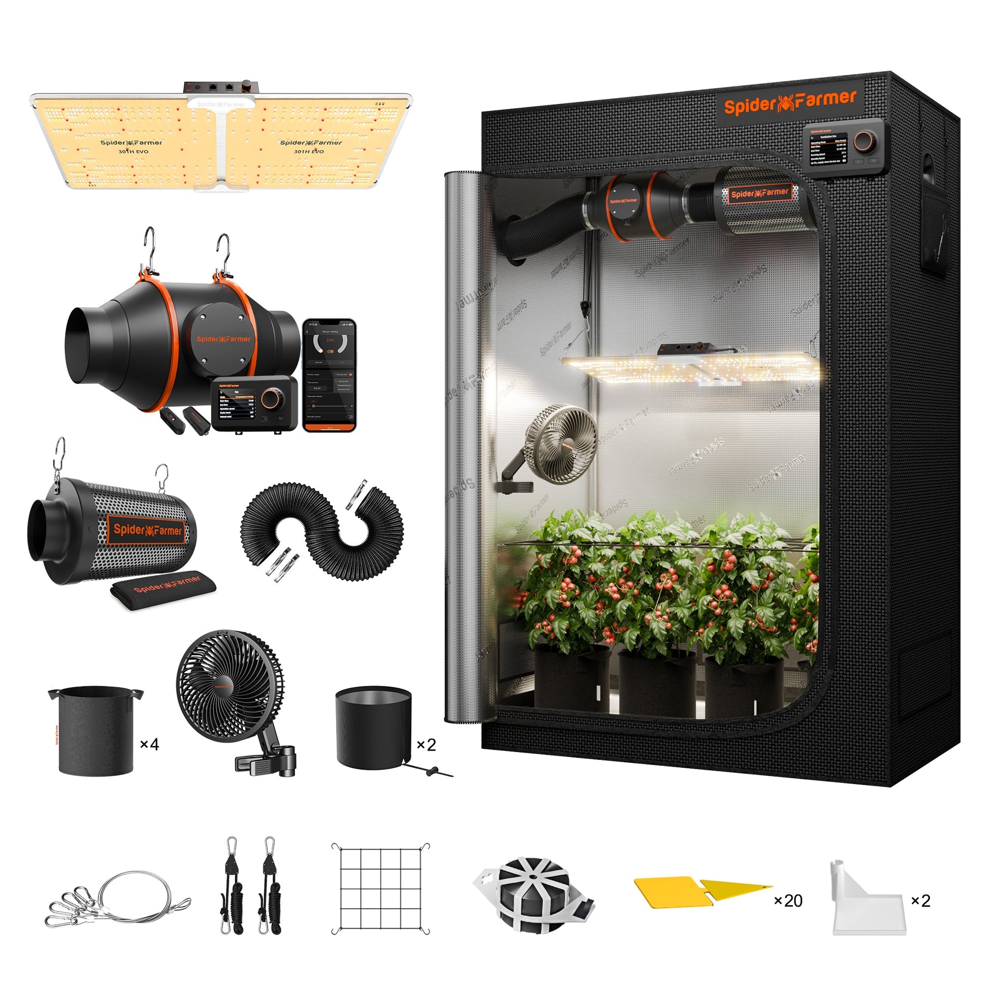 Spider Farmer SF2000 LED Grow Light + 2' x 4' Grow Tent + Inline Fan Combo with Temperature and Humidity Controller - Midwest Grow LLC