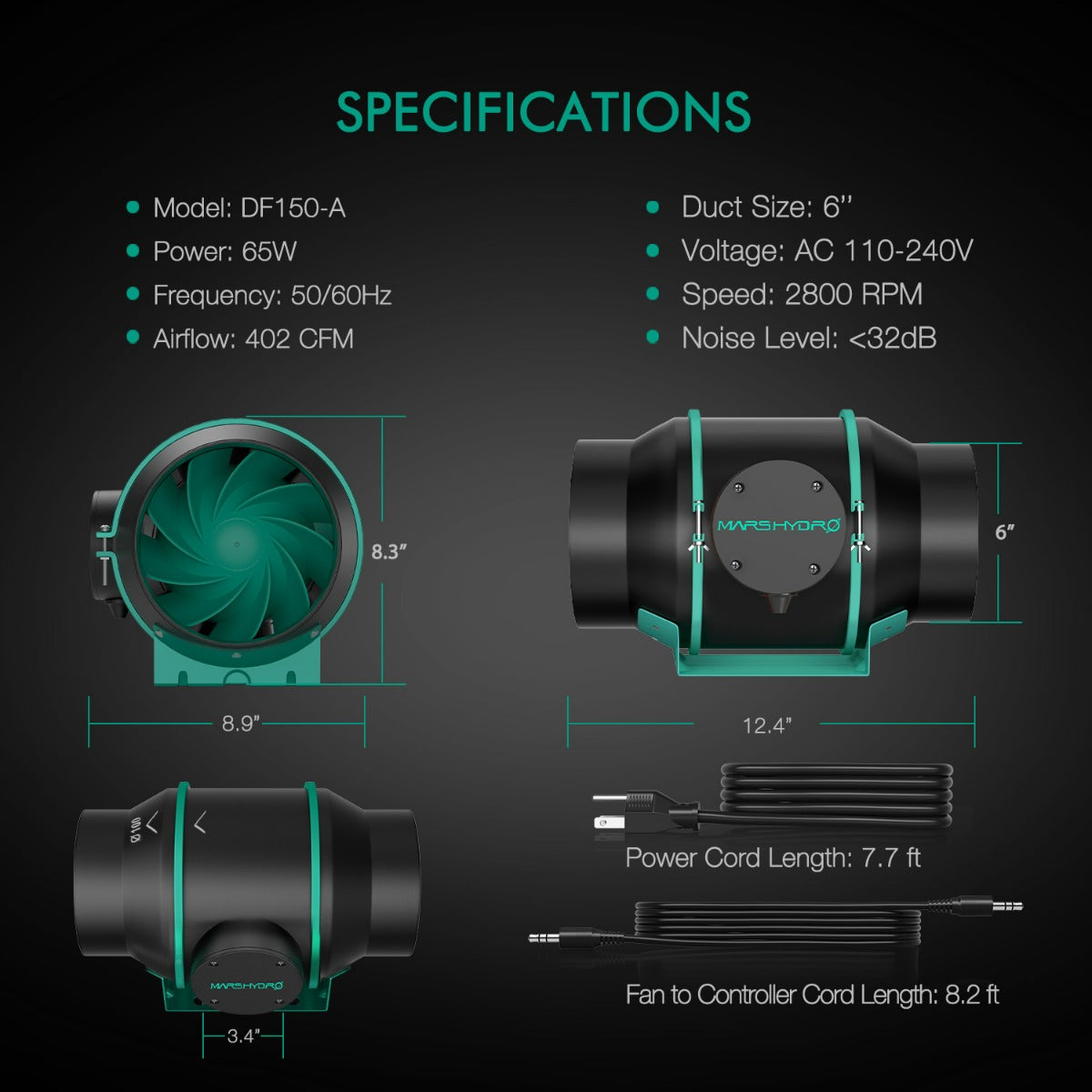 Mars Hydro 6" Inline Duct Fan with Temperature and Humidity Controller - Midwest Grow LLC