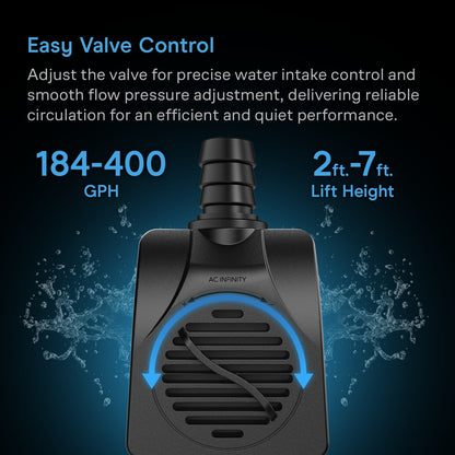 AC Infinity Submersible Water Pump, 5-Feet Lift Height, 396 GPH (1500 L/H) - Midwest Grow LLC