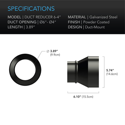 AC Infinity Duct Reducer, 6-Inch to 4-Inch Adapter Cone, Galvanized Steel - Midwest Grow LLC