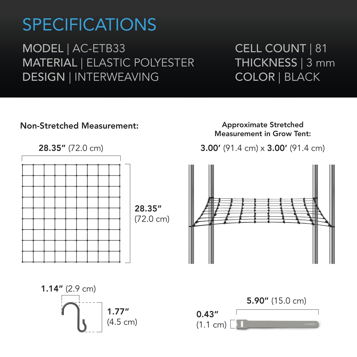 AC Infinity Grow Tent Trellis Netting, Flexible Elastic Cords, 3x3' - Midwest Grow LLC
