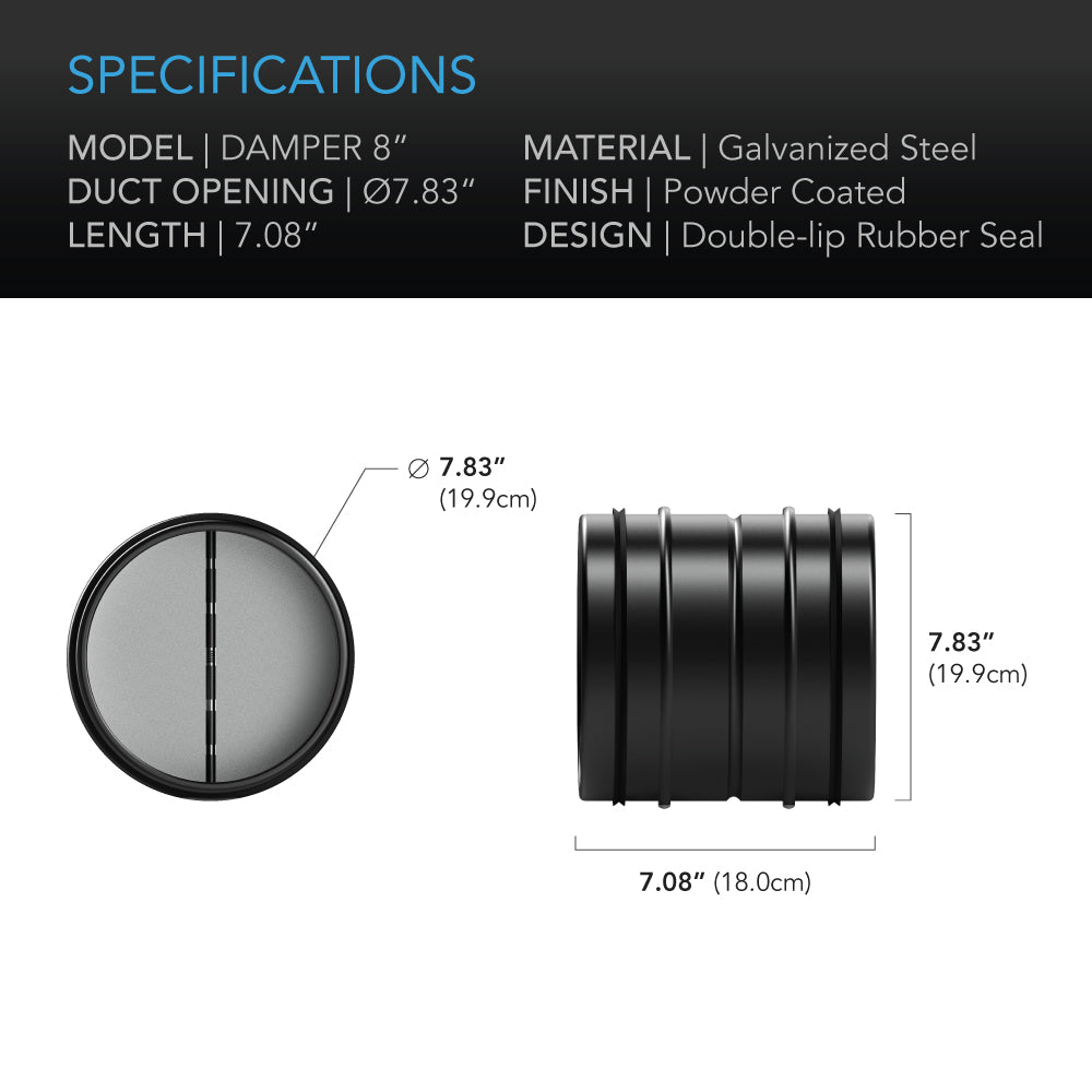 AC Infinity Backdraft Damper Ducting Insert, 8-Inch, Black Galvanized Steel - Midwest Grow LLC