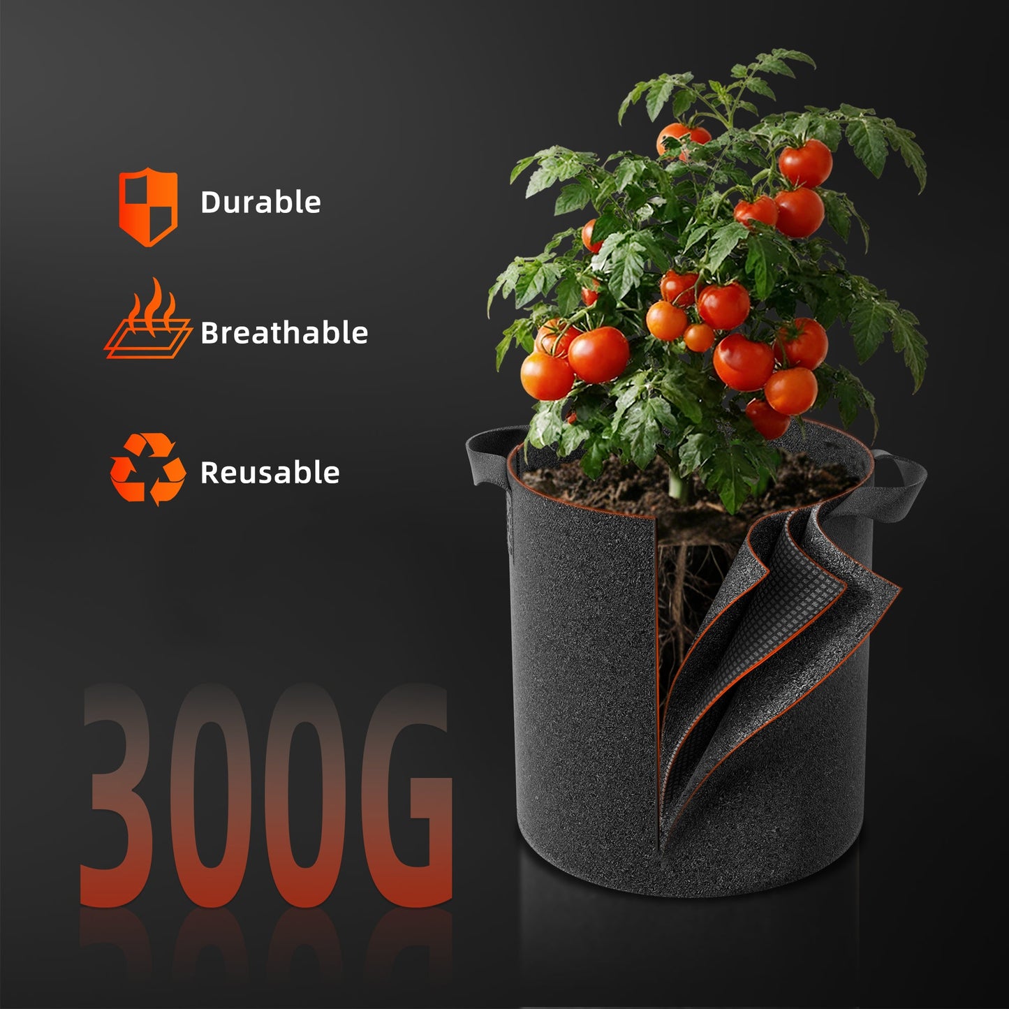 Spider Farmer 11 Gallon 300G Thickened Nonwover Fabric Grow Bag with Handles - 5-Pack - Midwest Grow LLC