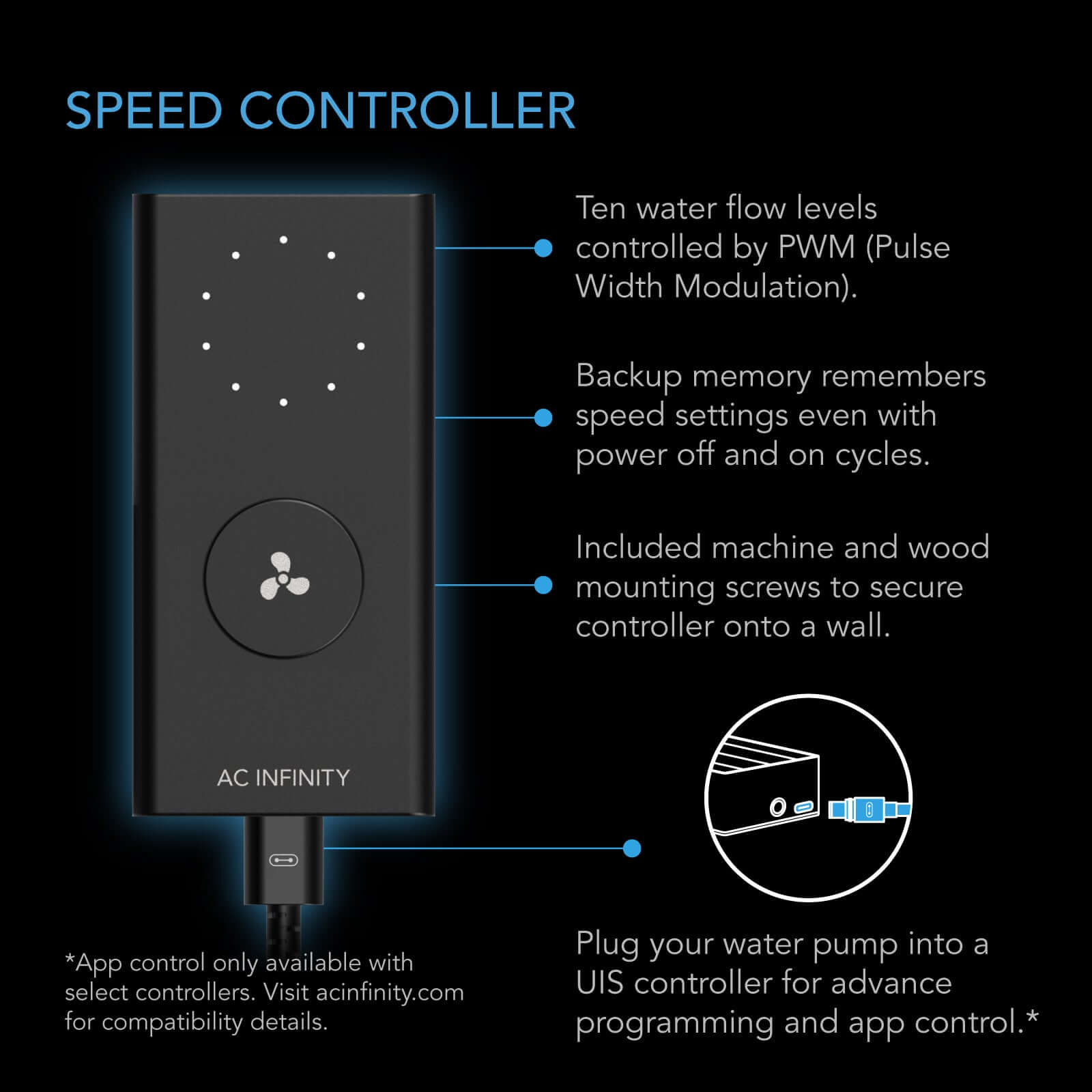 AC Infinity UIS Amphibious Pump 24W, 10-Speed Precision DC Motor, 6-Feet Lift Height, 528 GPH (2000 L/H) for Submersible / Inline Use - Midwest Grow LLC